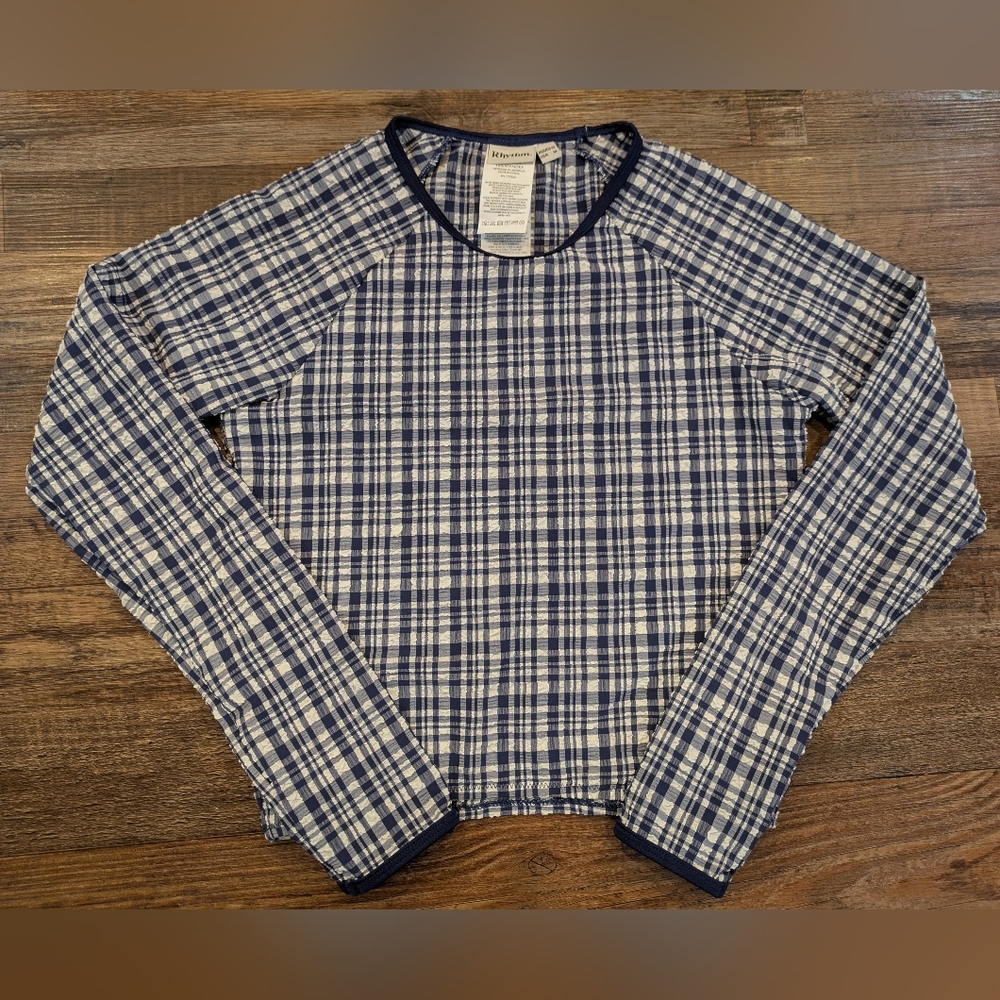 Rhythm Free People Long Sleeve Surf Crop Swim Top Blue Plaid Seersucker Sz M